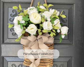 Beautiful White Peony Door Hanger Basket