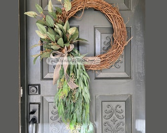 Front Door Wreath, farmhouse Eucalyptus wreath, Burlap Wreath, Greenery Wreath for All Year Round, Green Wreath, Eucalyptus door wreath
