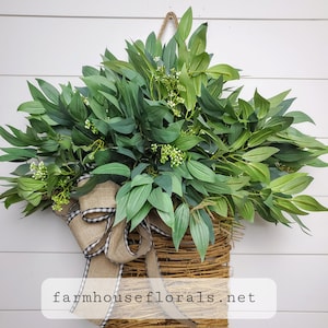 Mixed Forest Greenery Door Hanger Basket Gingham / Burlap