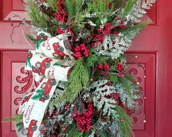 Limited Supply! Christmas Winter Pine, Berry & Pinecone Door Hanger, Front Door Christmas Winter Wreath, Red truck ribbon