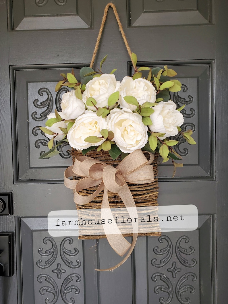 Beautiful White Cabbage Rose Door Hanger Basket