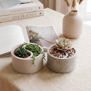 May include: Two circular concrete planters shaped like yin-yang symbols. The left planter holds a dark green succulent and a trailing string of pearls plant. The right planter contains a light green succulent surrounded by small, smooth, multi-colored pebbles.
