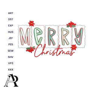 Könnte beinhalten: Auf weißem Hintergrund sind die Worte „MERRY Christmas“ in einer verspielten Schriftart gestickt. Die Buchstaben sind in Grün, Rosa und Blau gehalten und rot umrandet. Rote Weihnachtsstern und Schleifen schmücken das Design, ideal für Weihnachts-Bastelarbeiten.