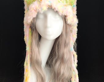 ウサギ耳フード帽子耳取り外し可能ハンドメイド かわいいピンクのフェイクファーうさぎビーニー：取り外し可能な耳