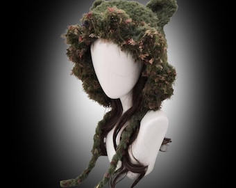 Gorro de orejas de gato de hilo mixto verde musgo – Gorro de ganchillo hecho a mano