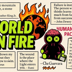 May include: A graphic design featuring the words "WORLD ON FIRE" in large green letters, with a burning globe illustration. Includes quotes from Martin Luther King Jr., John Dewey, and others, along with a cartoon character.