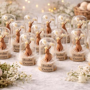 Puede incluir: Exhibición temática de Pascua con pequeñas figuras de conejitos marrones con coronas florales dentro de cúpulas de cristal. Cada cúpula se asienta sobre una base con las palabras "Frohe Ostern". Huevos y flores decorativos rodean las cúpulas.