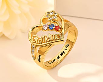Custom Grandma Birthstone Ring 2-6 Stones, Personalized Family Ring with Names, Mother Daughter Gift, Christmas Gift for Nana Mimi