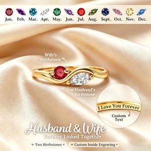 Könnte beinhalten: Ein goldener Ring mit einem runden roten Geburtsstein und einem klaren Geburtsstein im Marquise-Schliff. Das Band enthält eine Innengravur mit der Aufschrift I Love You Forever. Oben zeigt eine Tabelle zwölf Geburtssteine nach Monaten.