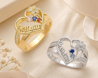 Custom Grandma Birthstone Ring 2-6 Stones, Personalized Family Ring with Names, Mother Daughter Gift, Christmas Gift for Nana Mimi