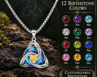 Personalized Celtic Knot Necklace with Birthstone, Custom Irish Jewelry Gift for Mom Wife Girlfriend, Anniversary Birthday Present for Her