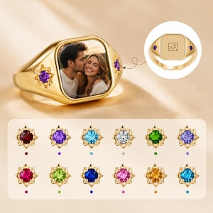 Custom Photo Signet Ring, Personalized Memorial Keepsake Jewelry, Sterling Silver Gold Plated, Dog Memorial Jewelry with Birthstone