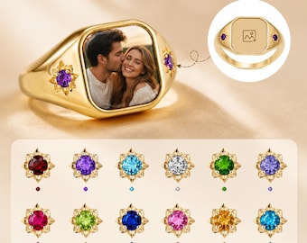 Ring met gepersonaliseerde foto, aandenken aan je hond, sterling zilver verguld, aandenken aan je hond met geboortesteen