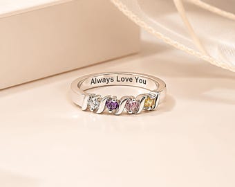 Personlig stapelring i sterlingsilver med födelsesten, smycken med flera stenar, meningsfull present till mamma, mormor eller fru
