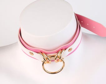Adjustable Leather Choker Necklace with Dual Rings, O-Ring Collar, Gothic Punk Accessory,Pink White, Gift for Her