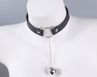 Black PU Leather Cat Choker, Silver Bell, Gothic Collar Necklace