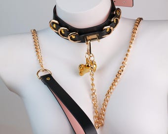 Black Leather Choker with D-Ring & Bone Tag, Adjustable Day Collar with Detachable Chain