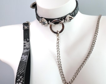 Silver O-Ring Leather Choker with Detachable Metal Chain, Punk Adjustable Collar Necklace, Streetwear Cosplay Accessory, Gift for Her