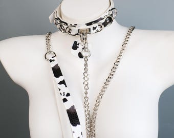 Cow Print Faux Leather Choker with Detachable Long Chain, Punk Style Accessory, Statement Collar Necklace, Goth Streetwear Gift
