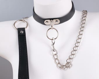 Black O-ring PU leather choker with detachable chain, adjustable choker, gothic punk style accessory