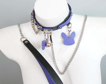 Black And Purple Contrast Bunny Choker with Bell & Bone Tag, Adjustable Leather Collar with Detachable Chain, Kawaii Goth Gift
