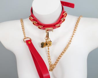 Red Double Layer D-Ring Choker with Bone Tag & Bell, Adjustable Leather Day Collar, Punk Gothic Necklace