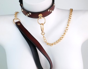 Orange Brick O-Ring Leather Choker | With Gold Chain | Adjustable Choker | Great for Rock Festivals | Gift for Her