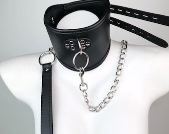 Black PU Leather Chain Wide Collar | Gothic Cosplay Accessory | Extra-Wide 2.76" Leather Collar | Birthday Gift