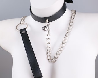 Black Vegan Leather Choker with Bell & O-Ring, Adjustable Gothic Collar with Detachable Chain, Versatile Punk Necklace