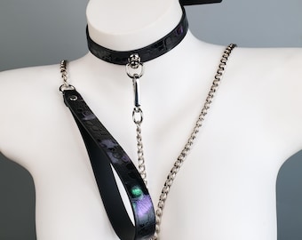 Color Change Leather Choker with Detachable Chain, Iridescent O Ring Choker, Adjustable Gothic Punk Statement Necklace