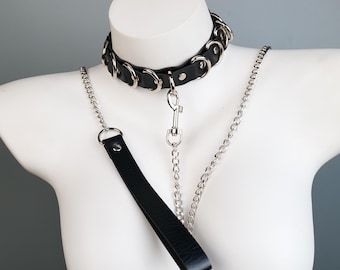 Adjustable Faux Leather O Ring Choker with Detachable Long Chain, Black Punk Goth Layered Necklace