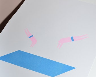 Risograph Divers Art Print by Timothy Hunt Size A3 SPRING SALE