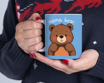 Mama Bear Coffee Mug | Cartoon Bear, Blue Ceramic