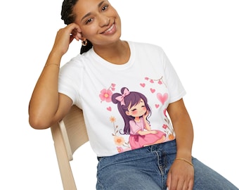 Cute Sitting Girl Illustration T-Shirt | Pink Floral Hearts