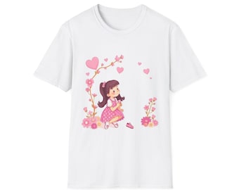 Girl with Hearts and Flowers T-Shirt | Cute Pink Floral Cartoon