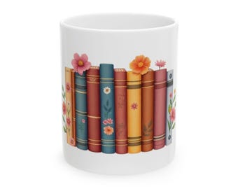 Floral Bookshelf Mug | Ceramic Book Lover Coffee Cup