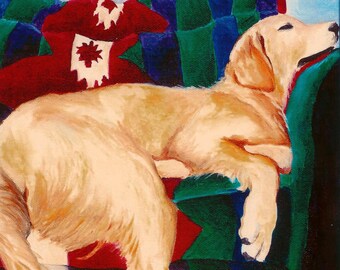 Golden Retriever Sleeping on Couch Dog Signed Art PRINT of Original Oil Painting Artwork by Vern Different Sizes Available 8x10 11x14