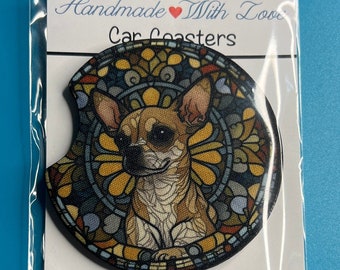 Neoprene Car Coasters, Stained Glass Chihuahua Dog Dogs Set of 2