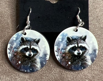 Double Sided Pair of Sublimated Round Dangle Lightweight Earrings, 1.2" Diameter Winter Raccoon Head