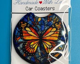 Neoprene Car Coasters, Stained Glass Monarch Butterfly Set of 2