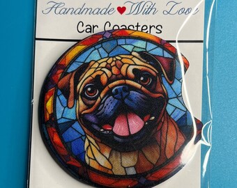 Neoprene Car Coasters, Stained Glass Fawn Pug Dog Dogs Set of 2