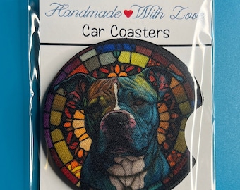 Neoprene Car Coasters, Stained Glass Blue Nose Pit Bull Dog Dogs Set of 2