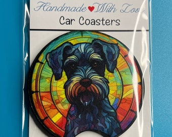 Neoprene Car Coasters, Stained Glass Schnauzer Dog Dogs Set of 2