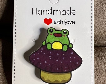 Happy Frog on Purple Mushroom Shrink Plastic Pin Choose Matte or Glossy (Resin Coated) look