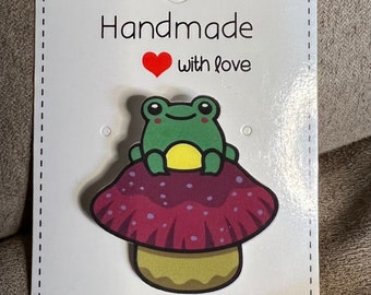 Happy Frog on Pink Mushroom Shrink Plastic Pin Choose Matte or Glossy (Resin Coated) look
