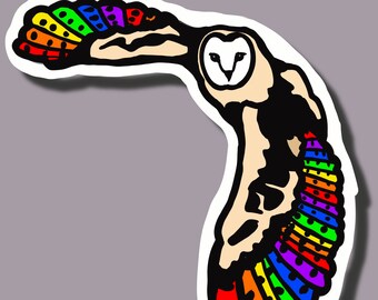 Rainbow Barn Owl Removable Vinyl Sticker LGBTQ Pride Decal for Laptops, Water Bottles, Walls, Indoor use