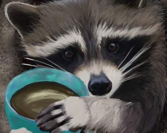 RACCOON with COFFEE Wild Animal Art PRINT of Original Digital Painting Wildlife Nature Artwork by Vern 8x10 11x14 12x16
