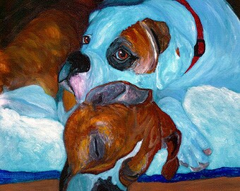 11X14 BOSTON TERRIER TULIPS Green BG Dog Art PRINT of Original Painting by VERN