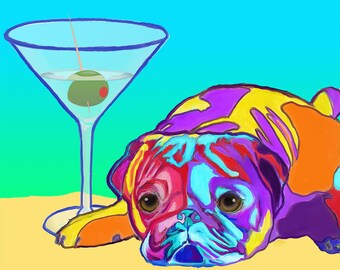 BOSTON TERRIER in Martini Glass Black Dog art PRINT of Original Painting by VERN