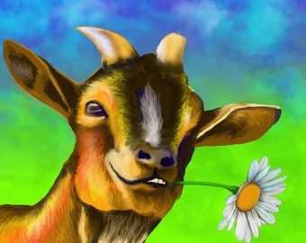 Colorful GOAT with Daisy Art PRINT of Original Digital Painting Wildlife Nature Animal Artwork by Vern 8x10 11x14 12x16